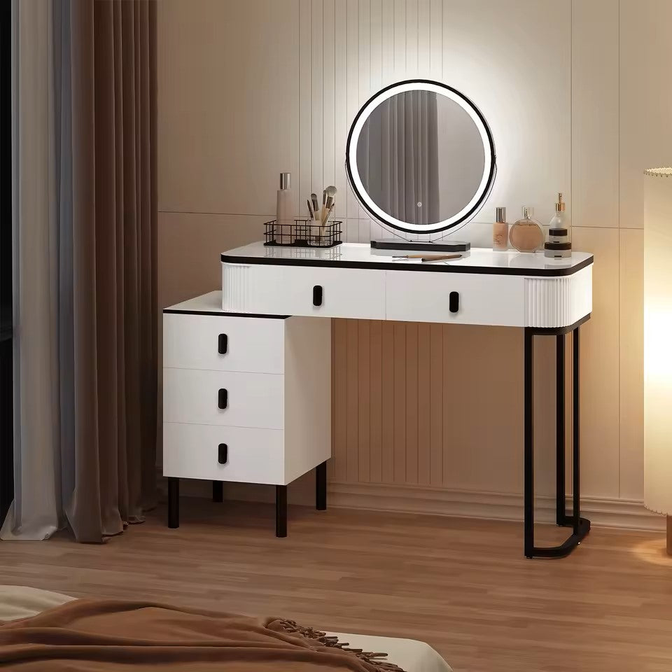 Coiffeuse Vanytia Divine – Coiffeuse avec miroir LED rond et plusieurs tiroirs de rangement