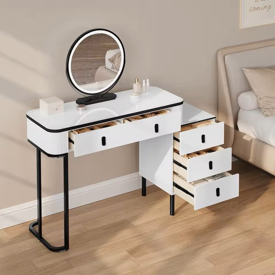 Coiffeuse Vanytia Divine – Coiffeuse avec miroir LED rond et plusieurs tiroirs de rangement