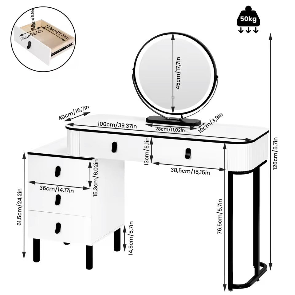 Coiffeuse Vanytia Divine – Coiffeuse avec miroir LED rond et plusieurs tiroirs de rangement
