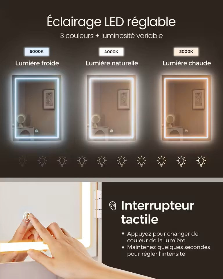 Coiffeuse Vanytia Candy – Coiffeuse avec miroir LED et rangements latéraux