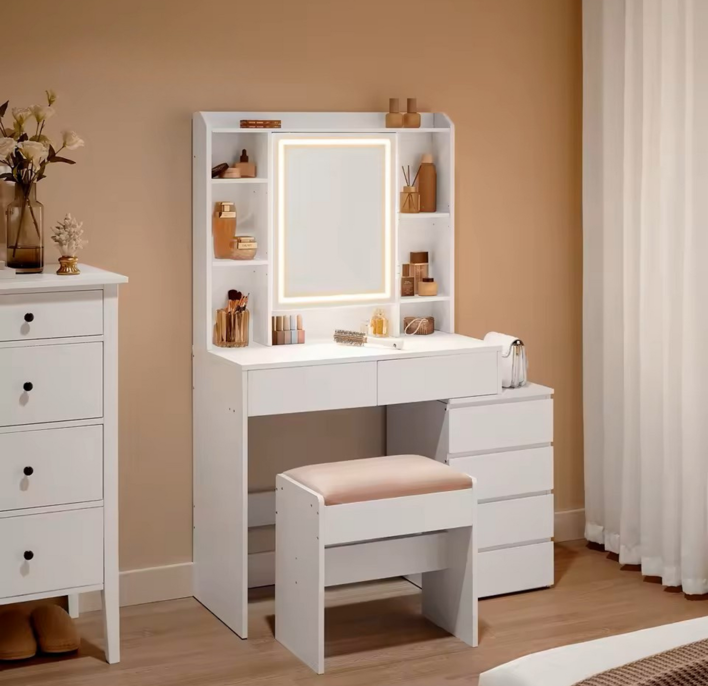 Coiffeuse Vanytia Candy – Coiffeuse avec miroir LED et rangements latéraux