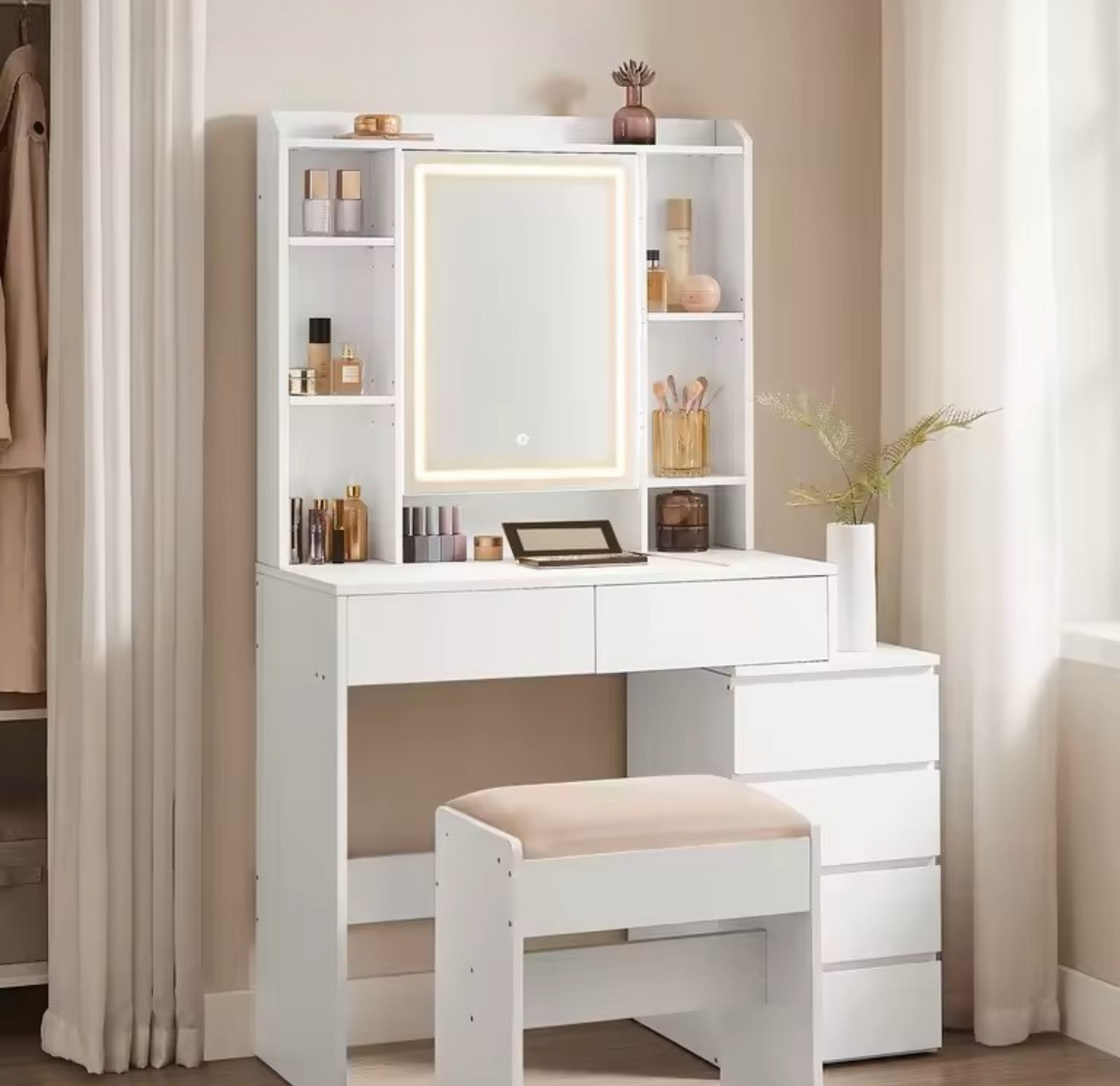 Coiffeuse Vanytia Candy – Coiffeuse avec miroir LED et rangements latéraux