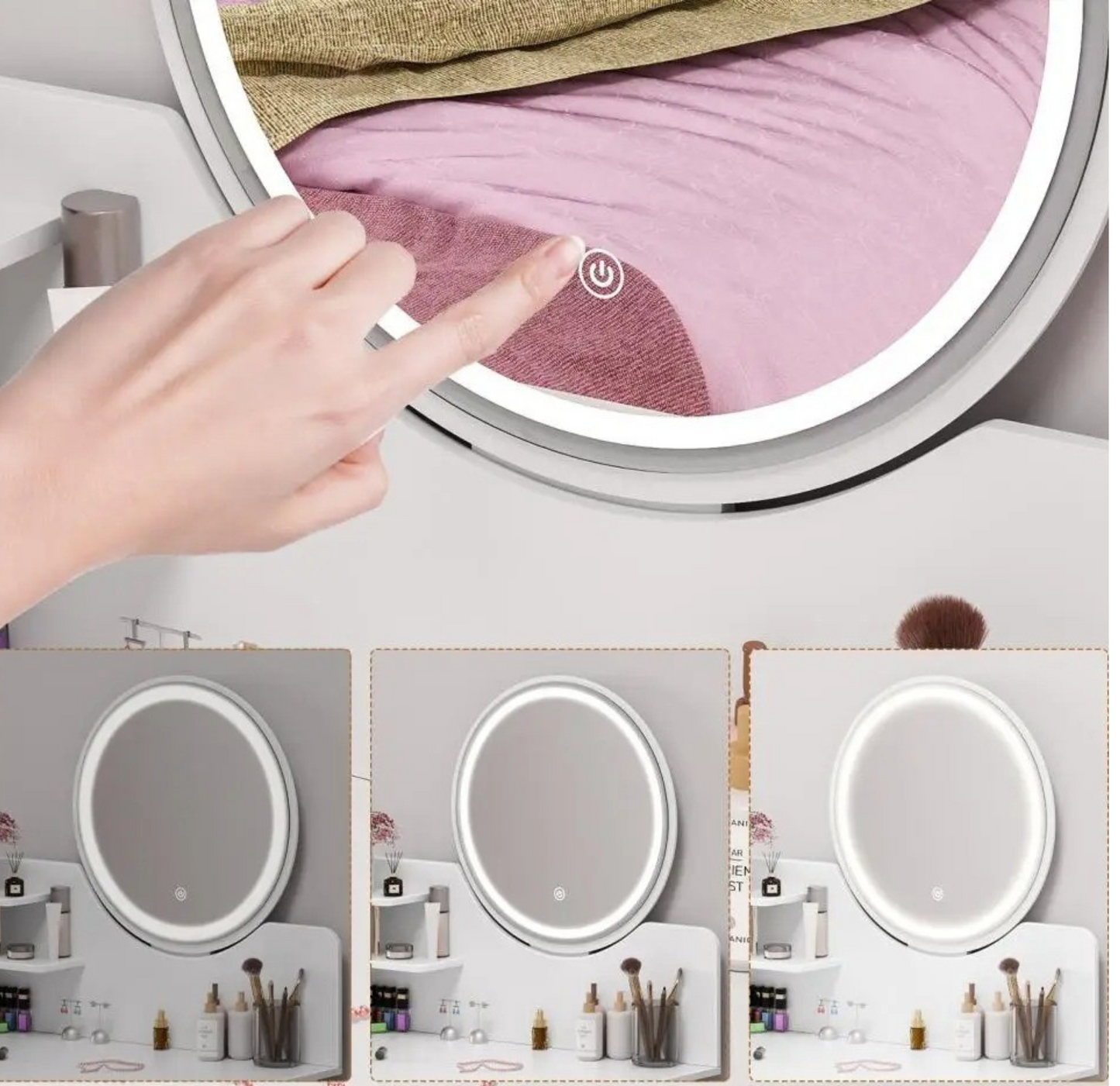 Coiffeuse Enfant Vanytia Céleste – Coiffeuse compacte avec miroir rond et étagères de rangement