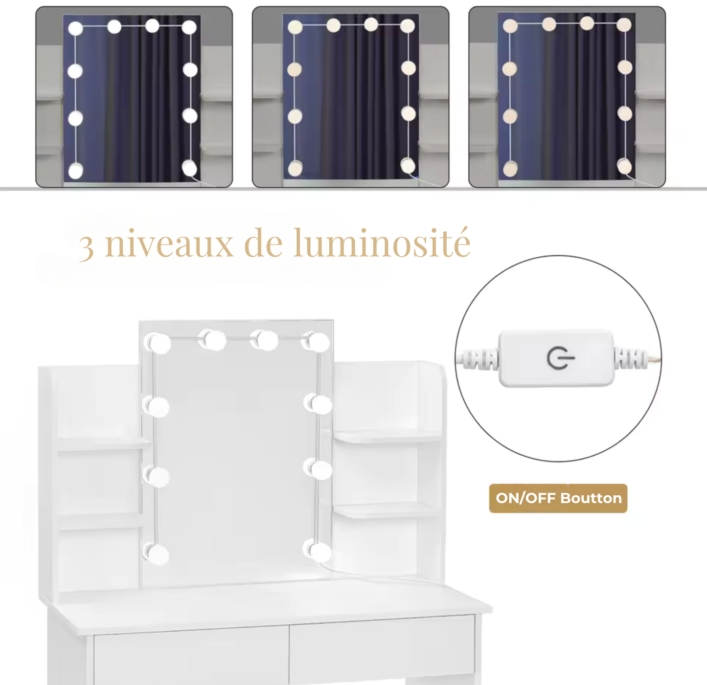 Coiffeuse Vanytia Auréa – Coiffeuse avec miroir lumineux et étagères latérales de rangement