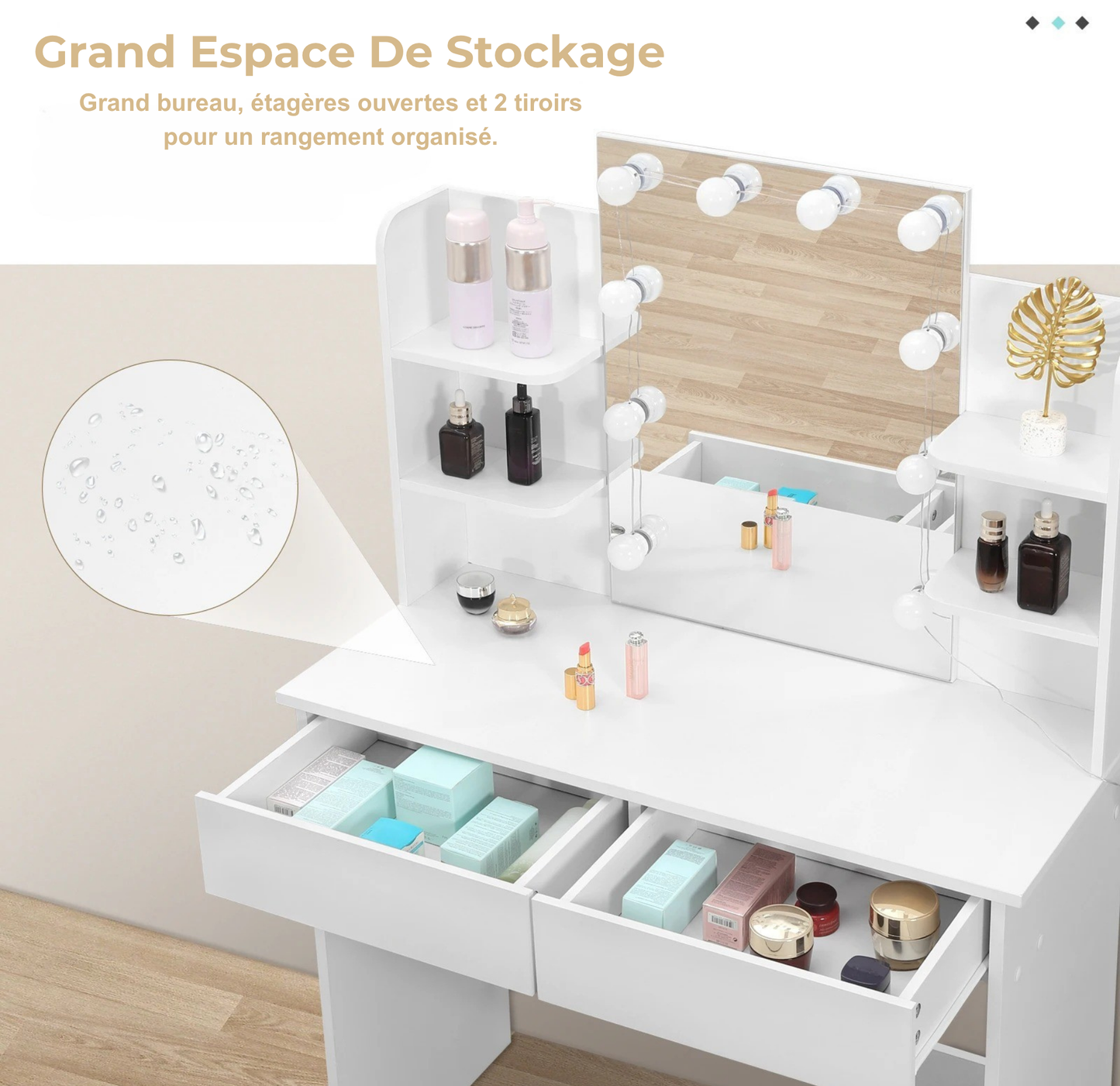 Coiffeuse Vanytia Auréa – Coiffeuse avec miroir lumineux et étagères latérales de rangement