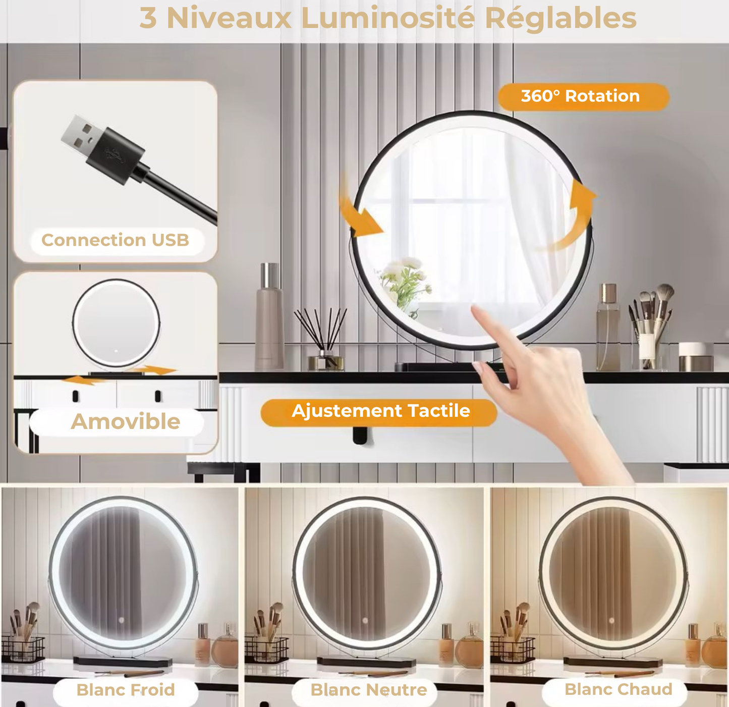 Coiffeuse Vanytia Divine – Coiffeuse avec miroir LED rond et plusieurs tiroirs de rangement
