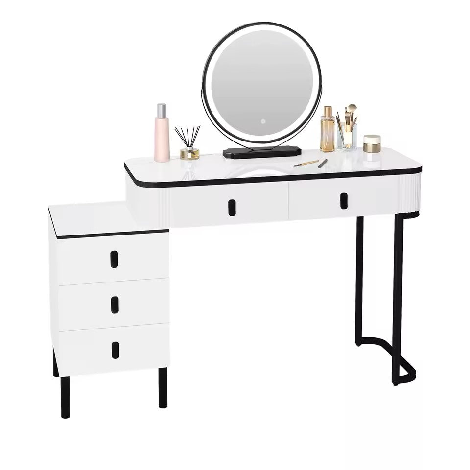 Coiffeuse Vanytia Divine – Coiffeuse avec miroir LED rond et plusieurs tiroirs de rangement