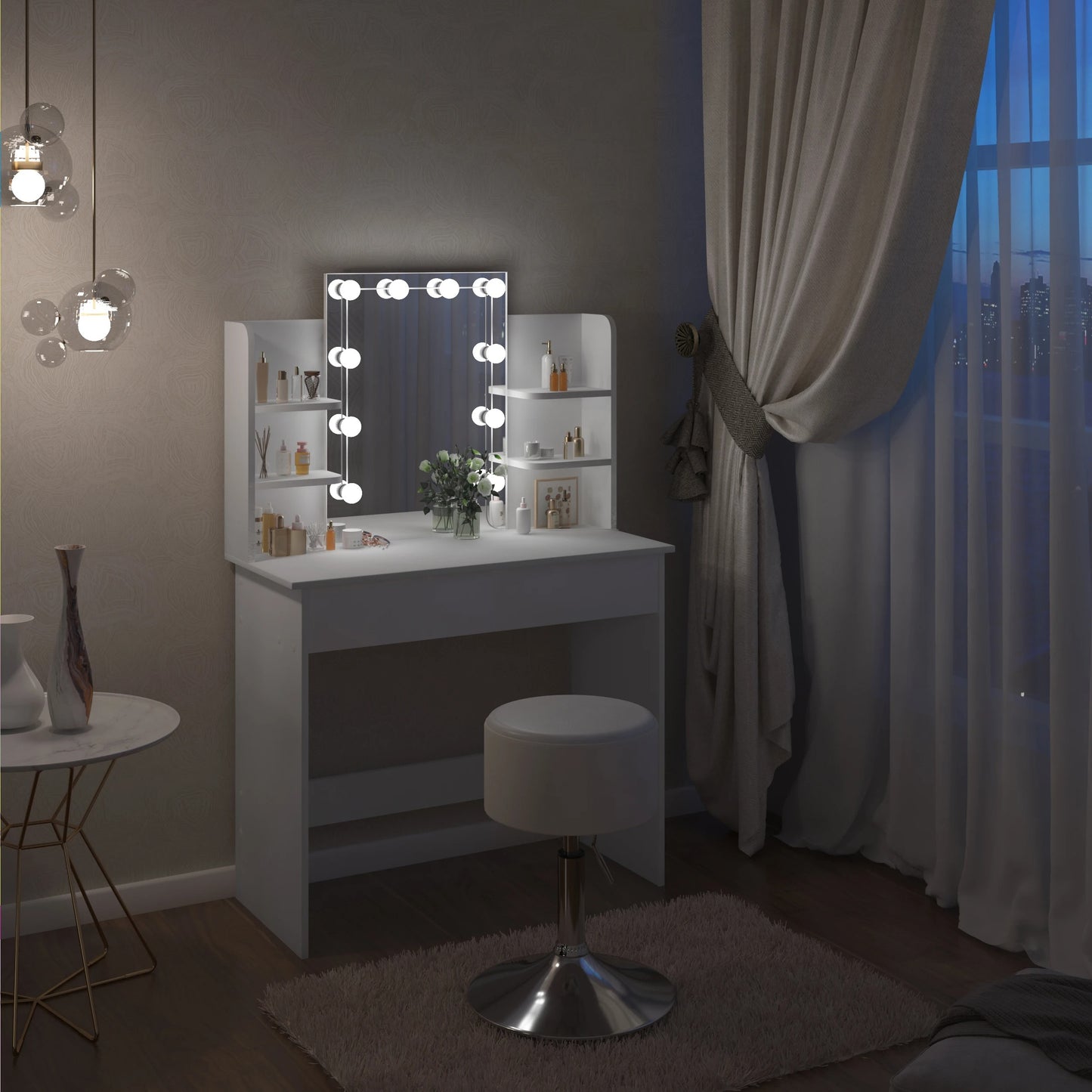 Coiffeuse Vanytia Auréa – Coiffeuse avec miroir lumineux et étagères latérales de rangement