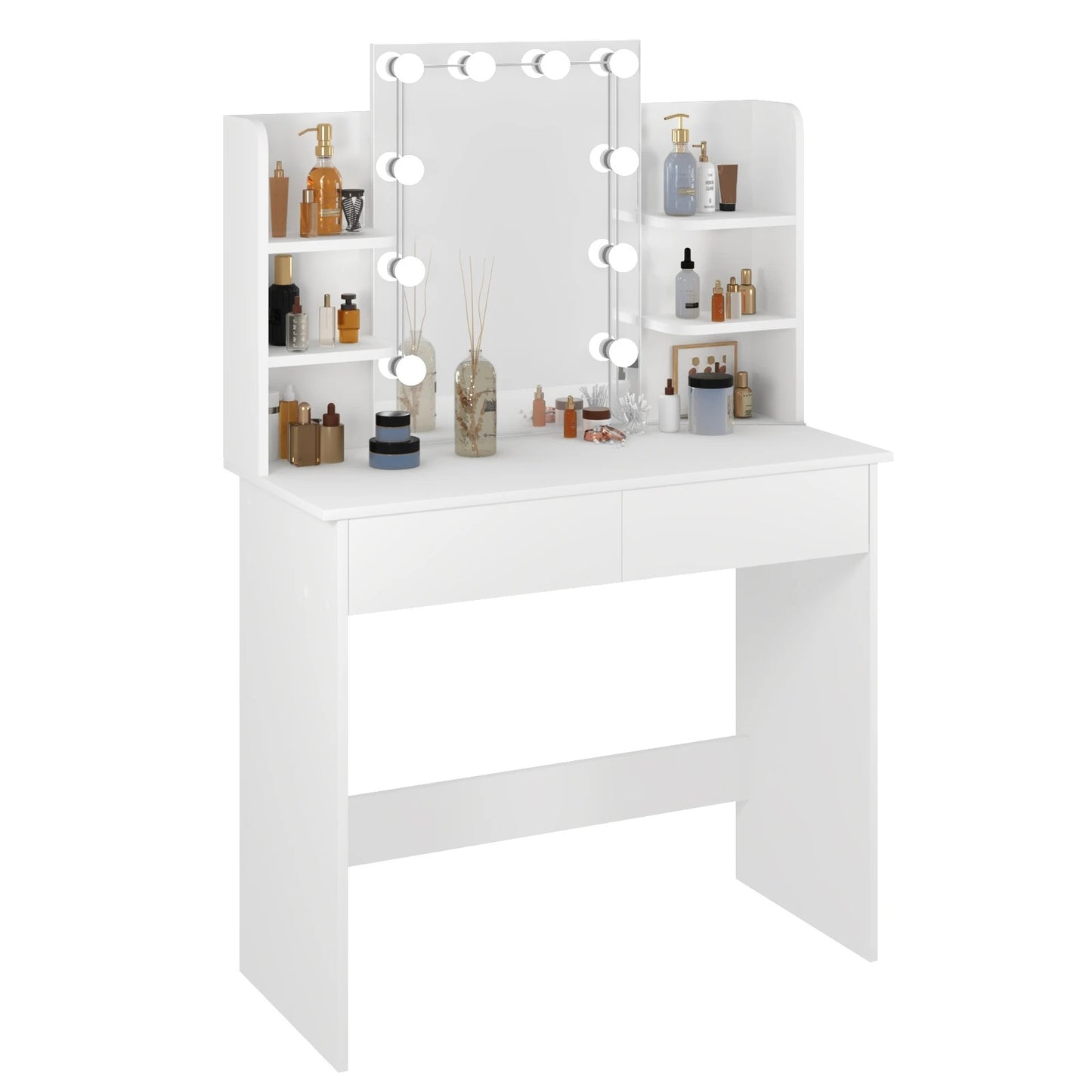 Coiffeuse Vanytia Auréa – Coiffeuse avec miroir lumineux et étagères latérales de rangement