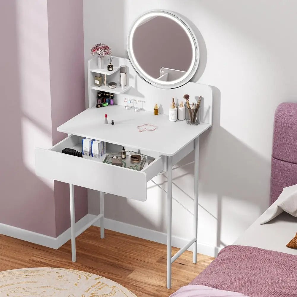 Coiffeuse Enfant Vanytia Céleste – Coiffeuse compacte avec miroir rond et étagères de rangement