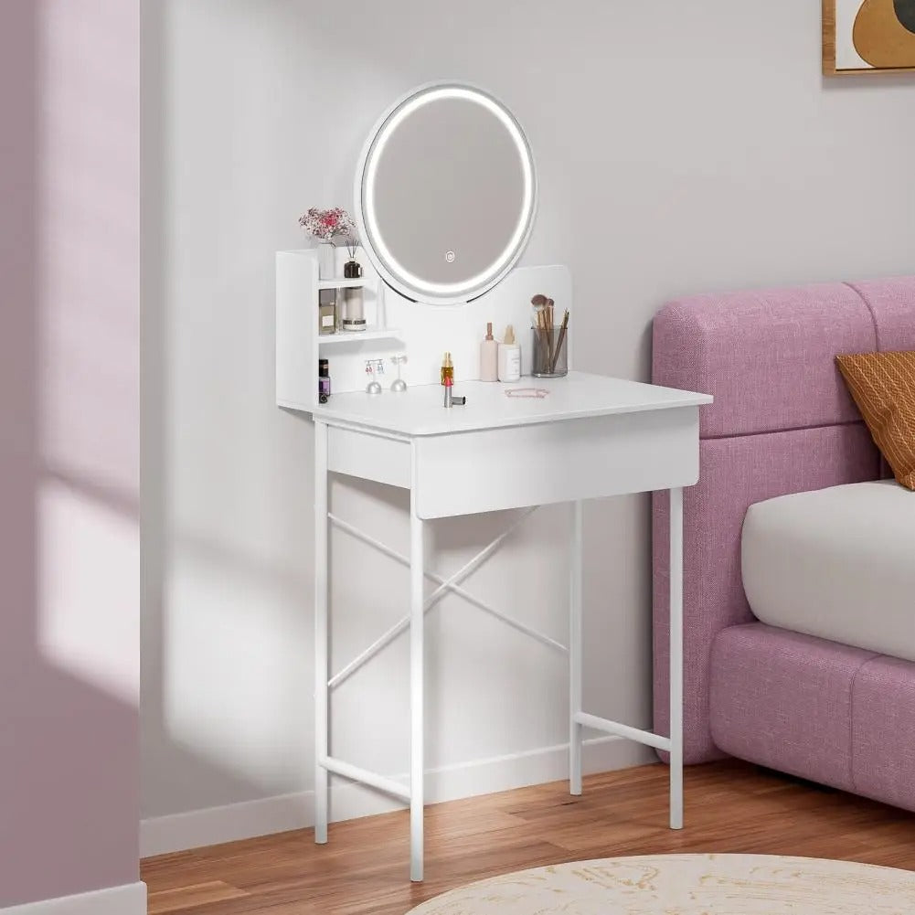 Coiffeuse Enfant Vanytia Céleste – Coiffeuse compacte avec miroir rond et étagères de rangement