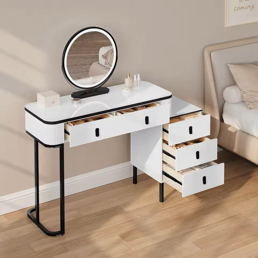 Coiffeuse Vanytia Divine – Coiffeuse avec miroir LED rond et plusieurs tiroirs de rangement