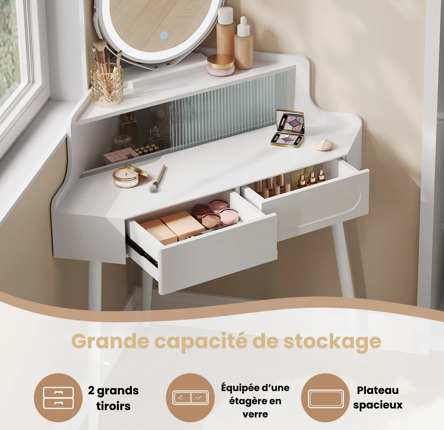 Coiffeuse Enfant Vanytia Luna – Coiffeuse d’angle avec miroir rond et tiroirs