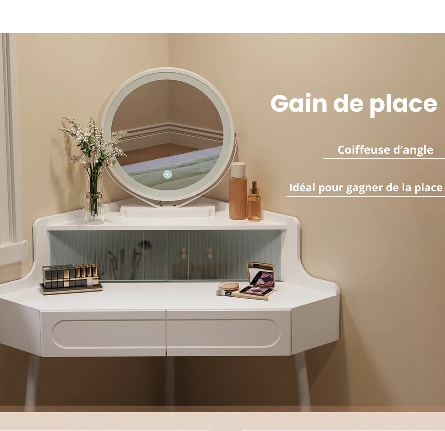 Coiffeuse Enfant Vanytia Luna – Coiffeuse d’angle avec miroir rond et tiroirs