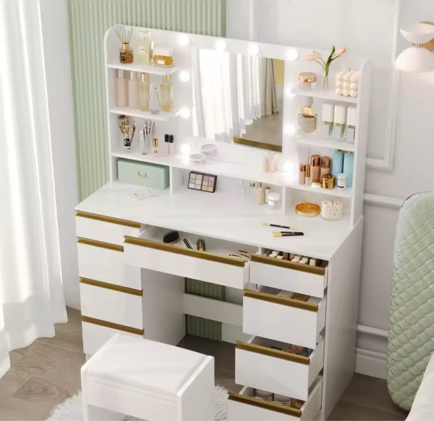 Coiffeuse Vanytia Signature – Coiffeuse avec miroir lumineux et rangements intégrés