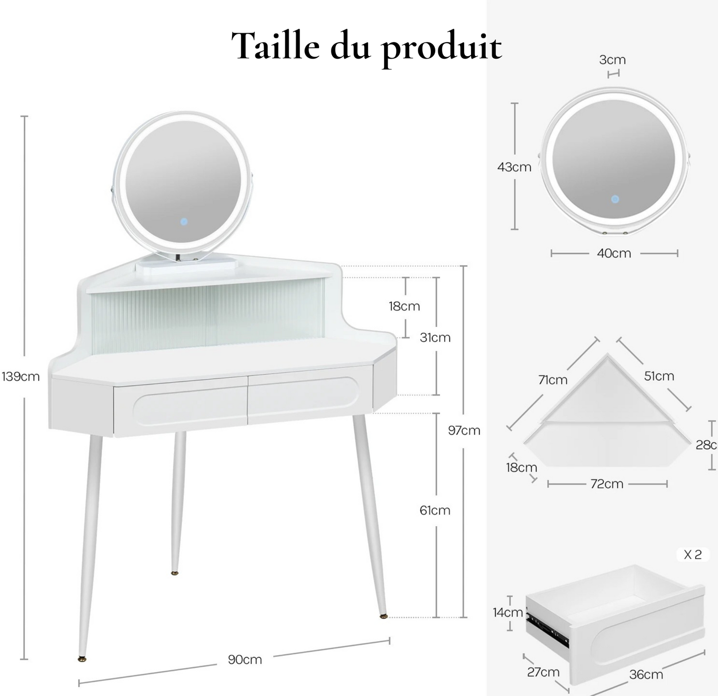 Coiffeuse Enfant Vanytia Luna – Coiffeuse d’angle avec miroir rond et tiroirs