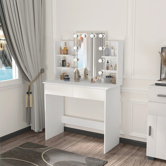 Coiffeuse Vanytia Auréa – Coiffeuse avec miroir lumineux et étagères latérales de rangement