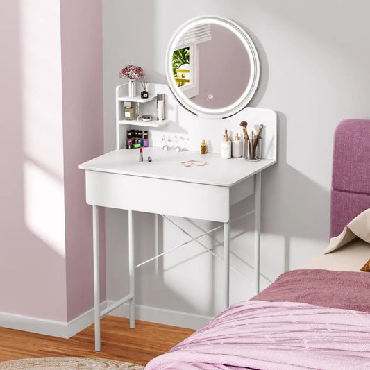 Coiffeuse Enfant Vanytia Céleste – Coiffeuse compacte avec miroir rond et étagères de rangement