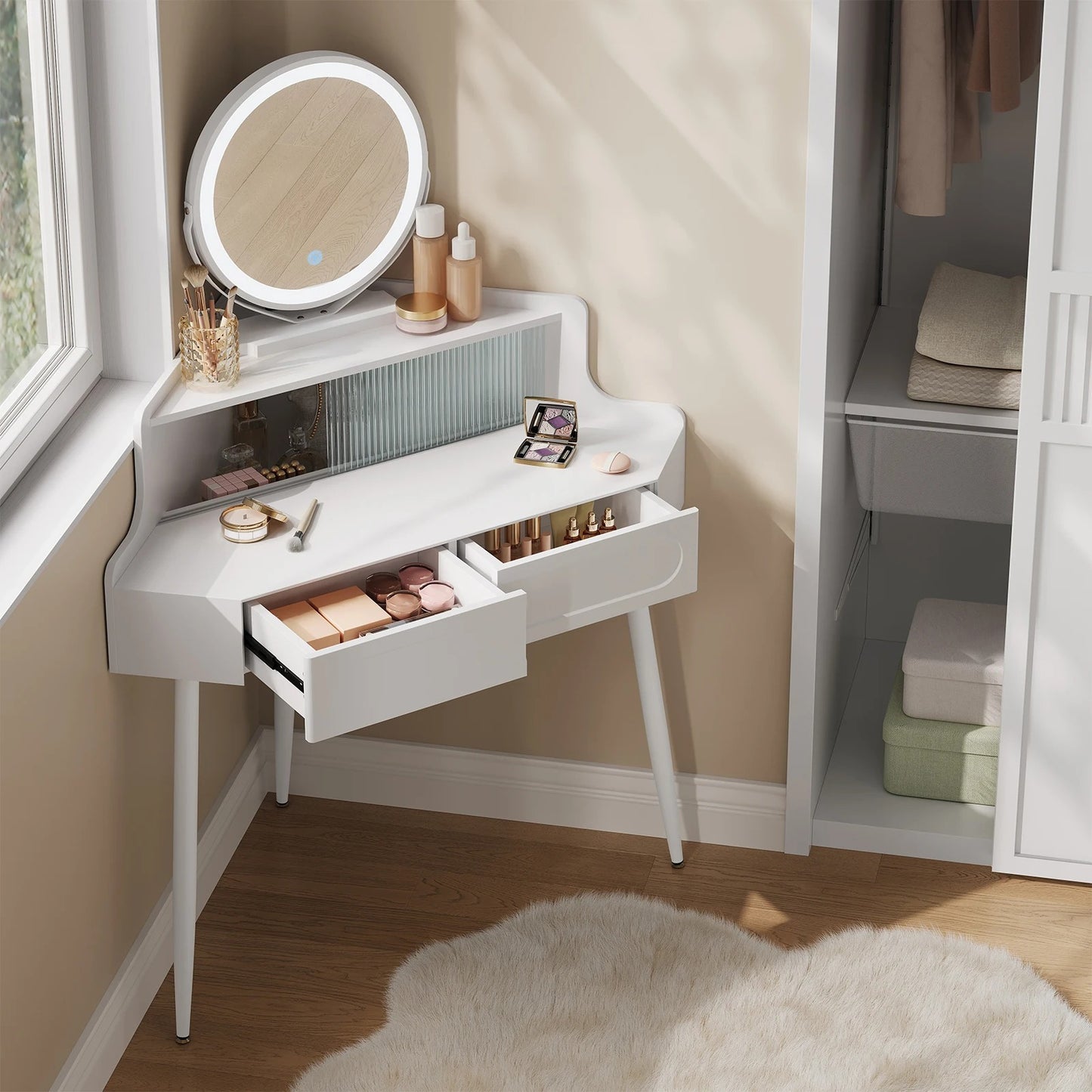 Coiffeuse Enfant Vanytia Luna – Coiffeuse d’angle avec miroir rond et tiroirs