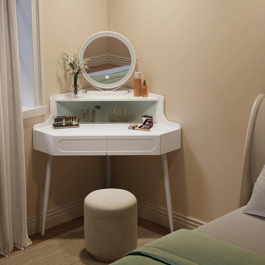 Coiffeuse Enfant Vanytia Luna – Coiffeuse d’angle avec miroir rond et tiroirs